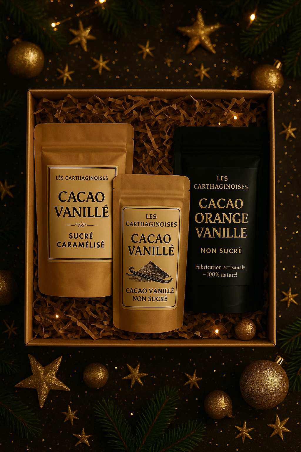 Coffret Dégustation – Cacaos Artisanaux Édition Noël Les Carthaginoises – 300 g (3 × 100 g)